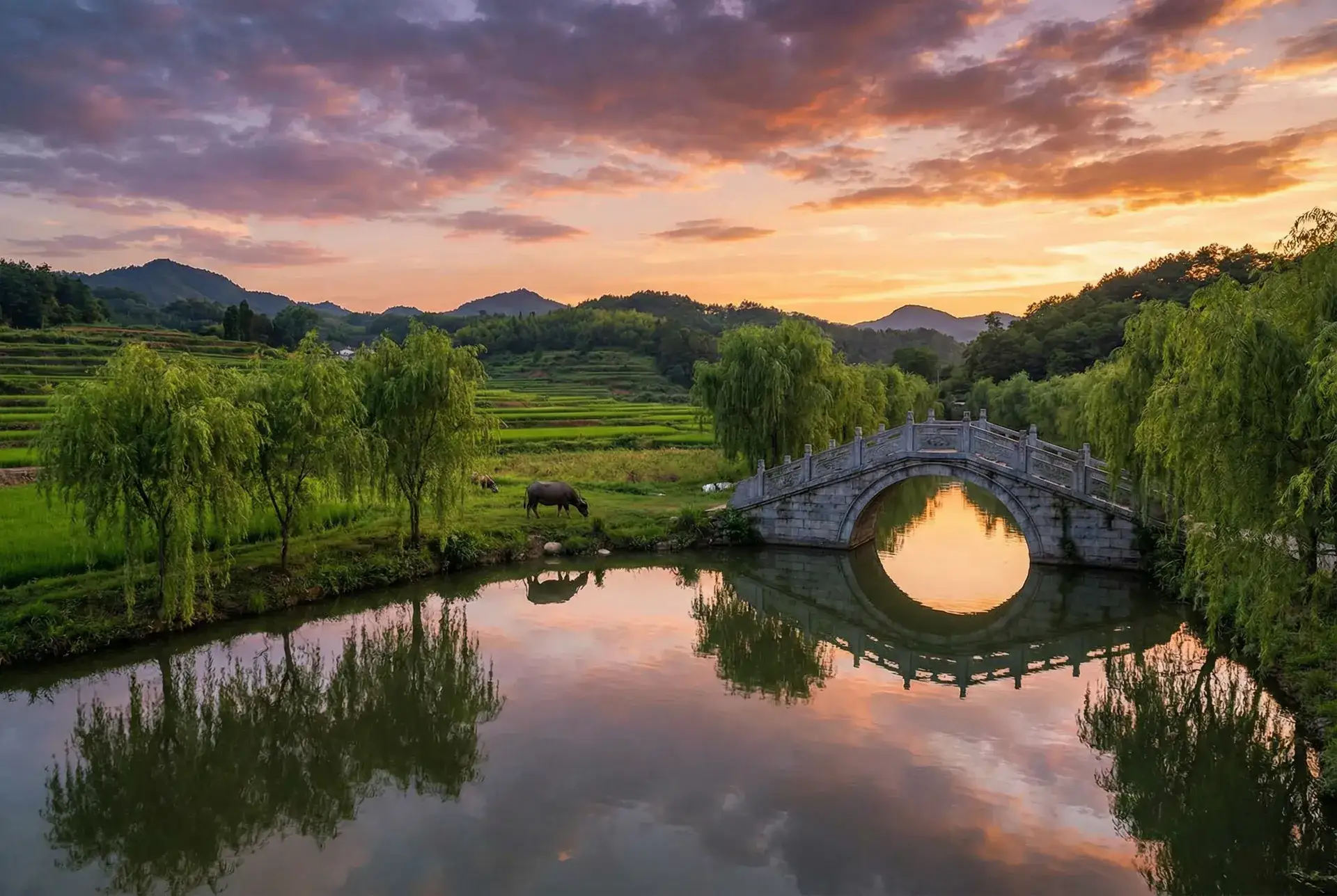 夕阳下的石拱桥与垂柳，水牛在河边吃草 - 调教sm 乡村美景