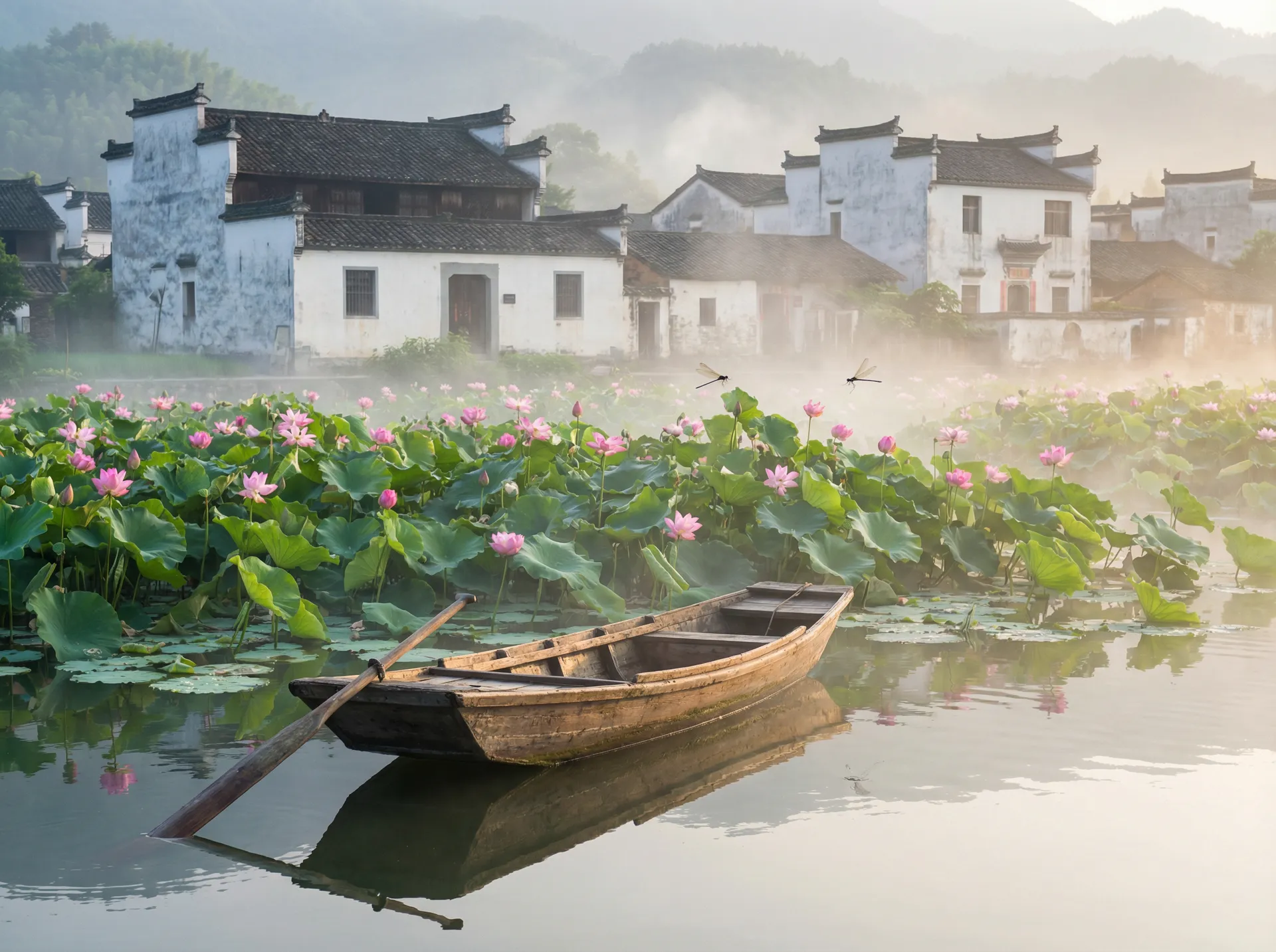 清晨荷塘小舟，粉色荷花盛开，白墙黑瓦的村庄 - 调教sm 水乡风情